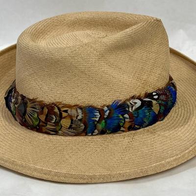 Wide Brim Vintage Straw Hat with Feather Band