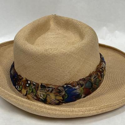 Wide Brim Vintage Straw Hat with Feather Band
