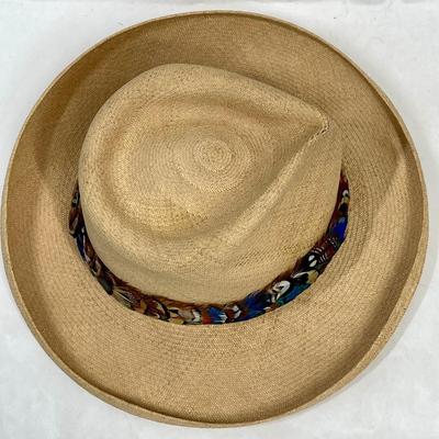 Wide Brim Vintage Straw Hat with Feather Band