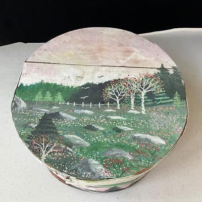 1288 Large Handpainted Cheese Box by Judy Blink 1994 " Blueberry Fields & Lobster Boats"