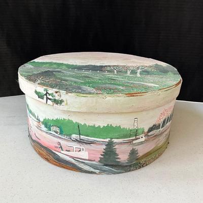 1288 Large Handpainted Cheese Box by Judy Blink 1994 " Blueberry Fields & Lobster Boats"