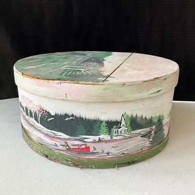 1288 Large Handpainted Cheese Box by Judy Blink 1994 " Blueberry Fields & Lobster Boats"