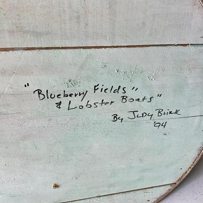 1288 Large Handpainted Cheese Box by Judy Blink 1994 " Blueberry Fields & Lobster Boats"
