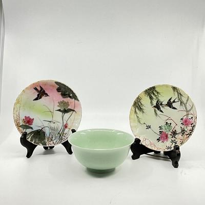 1306 Signed Japanese Celedon Bowl with Two Porcelain Handpainted Plates