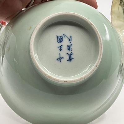 1306 Signed Japanese Celedon Bowl with Two Porcelain Handpainted Plates