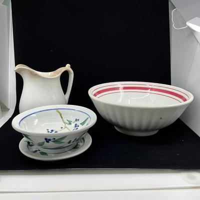 1314 Lot of Ironstone, Pottery Mixing Bowl and Berry Bowl with Saucer