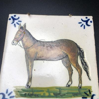 Horse Collectors Lot; Ceramic Tile, Horse Figurine & Pin