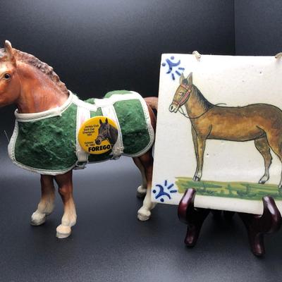 Horse Collectors Lot; Ceramic Tile, Horse Figurine & Pin