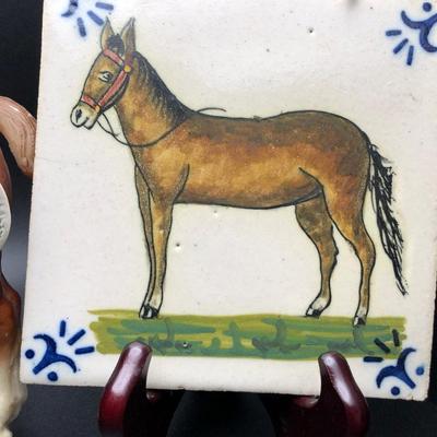 Horse Collectors Lot; Ceramic Tile, Horse Figurine & Pin