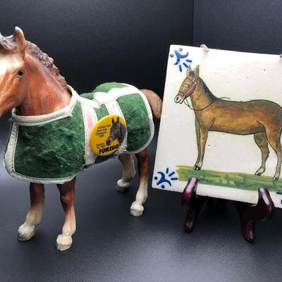 Horse Collectors Lot; Ceramic Tile, Horse Figurine & Pin