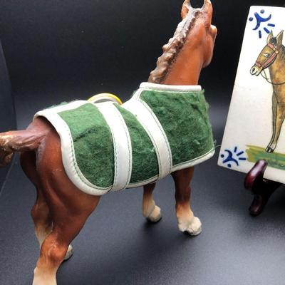 Horse Collectors Lot; Ceramic Tile, Horse Figurine & Pin