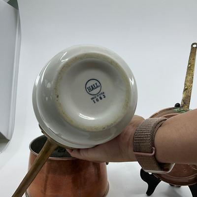 1326 Vintage Bazar Francais 666 NY Hall Porcelain Double Boiler with Small Copper Fish Pan