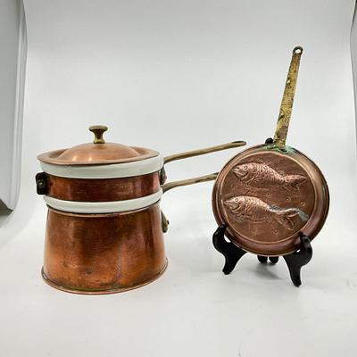 1326 Vintage Bazar Francais 666 NY Hall Porcelain Double Boiler with Small Copper Fish Pan