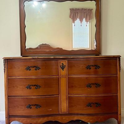 Antique French Provincial Curved Front Dresser & mirror