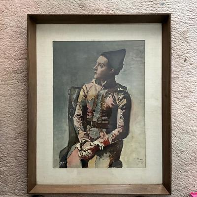 1346 1940's Seated Harlequin 1923 after Picasso Print in Beveled Frame