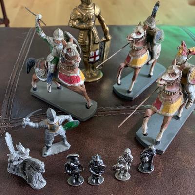 Large Brass Knight w Misc Medieval Cast Figurines