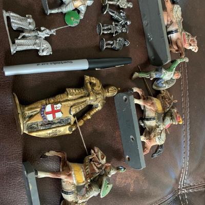 Large Brass Knight w Misc Medieval Cast Figurines