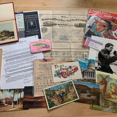 Vintage Misc Paper Collectibles Lot Stock Cert Postcarda Redford Signature +++