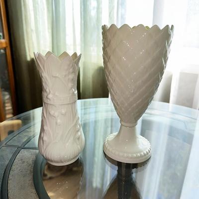 176 BELLEEK 2 VASES 8" PINEAPPLE + 6.5" LILIES OF VALLEY BROWN MARK IRELAND