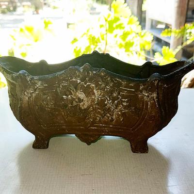 178 ANTIQUE CAST IRON PLANTER WITH IVY DECORATION 13"