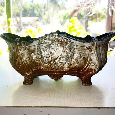 178 ANTIQUE CAST IRON PLANTER WITH IVY DECORATION 13"