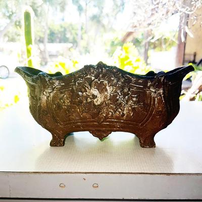 178 ANTIQUE CAST IRON PLANTER WITH IVY DECORATION 13"
