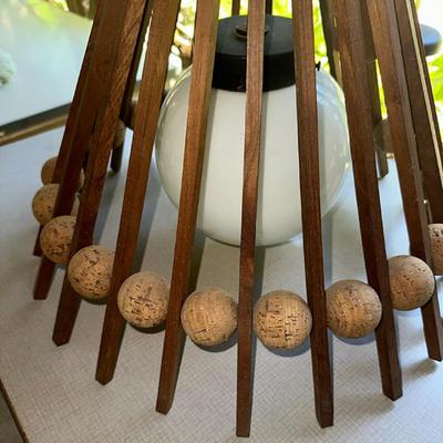 179 MID CENTURY MODERN HANGING LAMP DANISH TEAK & CORK BALLS WHITE GLOVE