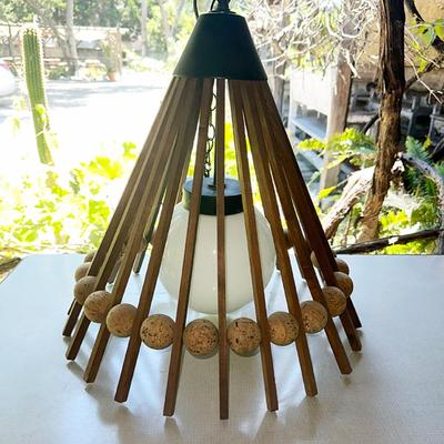 179 MID CENTURY MODERN HANGING LAMP DANISH TEAK & CORK BALLS WHITE GLOVE