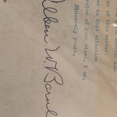 Senator Allen W Barnley Signed Letter