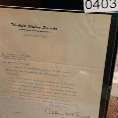 Senator Allen W Barnley Signed Letter