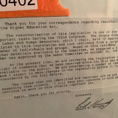 Signed Edward Kennedy Personal Letter