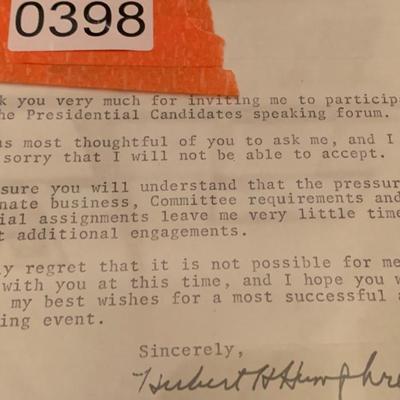 Hubert H Humphrey Signed Personal Letter