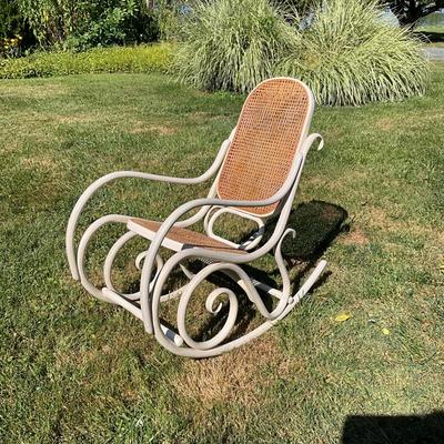 1369 Vintage White Cane Back and Seat Bentwood Rocker