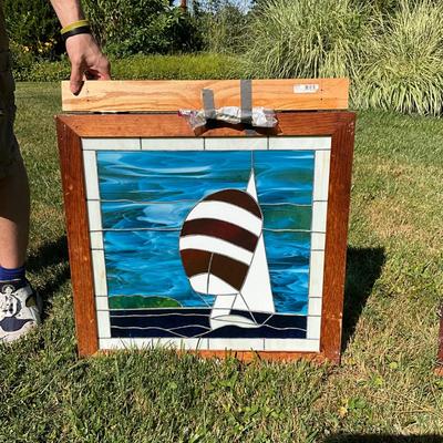 1372 Vintage Stained Glass Sailboat Window from "The Masthead" in Oxford, MD.