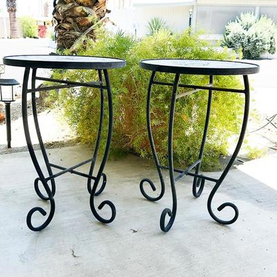 194 PAIR METAL PATIO TABLES MOSAIC TOP BLACKBERRIES 14 X 20