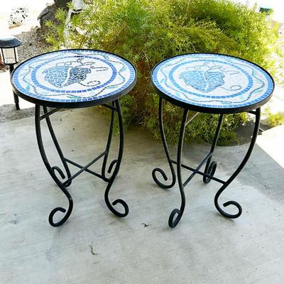 194 PAIR METAL PATIO TABLES MOSAIC TOP BLACKBERRIES 14 X 20
