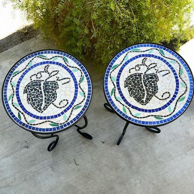 194 PAIR METAL PATIO TABLES MOSAIC TOP BLACKBERRIES 14 X 20