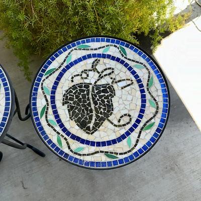 194 PAIR METAL PATIO TABLES MOSAIC TOP BLACKBERRIES 14 X 20