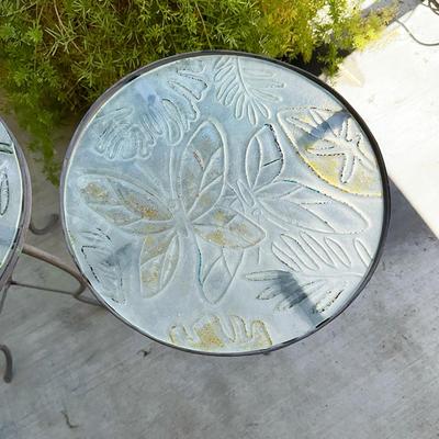 195 PAIR METAL PATIO TABLES GLASS TOPS BUTTERFLYS 20" TALL