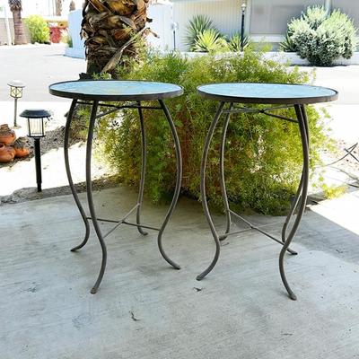 195 PAIR METAL PATIO TABLES GLASS TOPS BUTTERFLYS 20" TALL