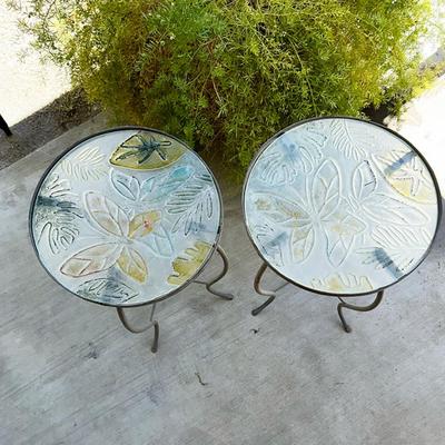 195 PAIR METAL PATIO TABLES GLASS TOPS BUTTERFLYS 20" TALL