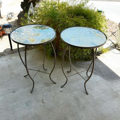 195 PAIR METAL PATIO TABLES GLASS TOPS BUTTERFLYS 20" TALL