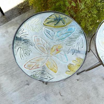 195 PAIR METAL PATIO TABLES GLASS TOPS BUTTERFLYS 20" TALL