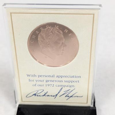 1972 Richard Nixon Campaign Solid Bronze Coin W/Stand By Franklin Mint