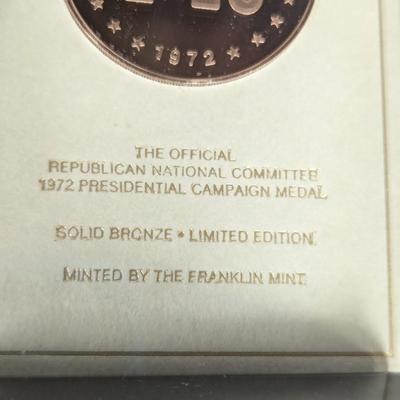 1972 Richard Nixon Campaign Solid Bronze Coin W/Stand By Franklin Mint