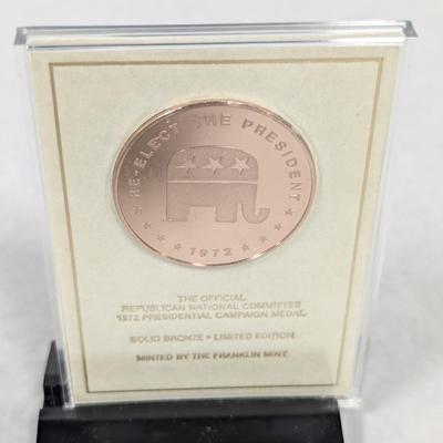 1972 Richard Nixon Campaign Solid Bronze Coin W/Stand By Franklin Mint