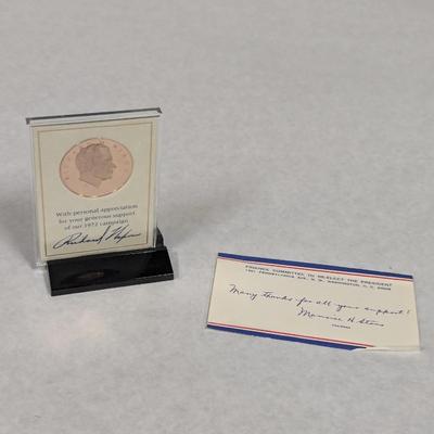 1972 Richard Nixon Campaign Solid Bronze Coin W/Stand By Franklin Mint