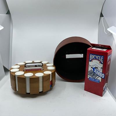 1392 Vintage Wooden Poker Chip Stand with 12 Decks of Playing Cards
