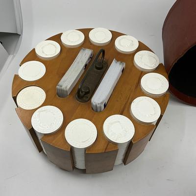 1392 Vintage Wooden Poker Chip Stand with 12 Decks of Playing Cards