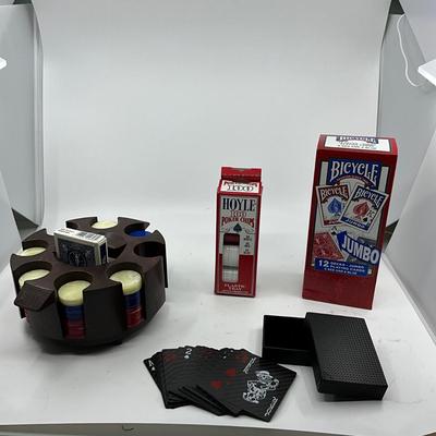 1393 Vintage Bakelite Poker Chips and Stand with 12 Decks of Cards